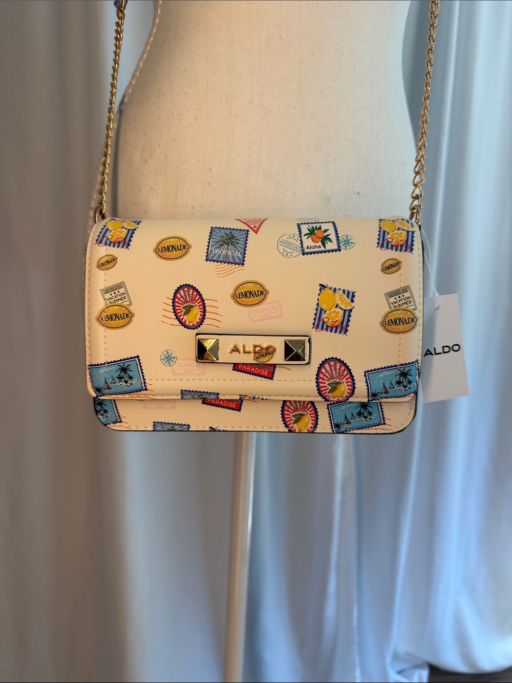 ALDO Cream Crossbody Bag with Multicolor Stamp Print